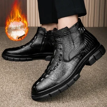 Обувь для мужчин; Лидер продаж 2023 года; Мужские ботинки на молнии со шнуровкой; Зимние модные ботинки из цельного плюша с круглым носком и коротким бочком на низком каблуке  2