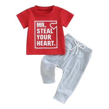Одежда на День Святого Валентина для маленьких мальчиков, футболка с коротким рукавом и однотонными брюками с буквенным принтом в виде сердца, комплект из 2 предметов  10