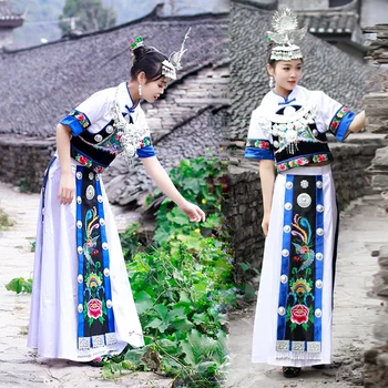 Одежда хмонгов для женщин Бутик китайских народных танцев с вышивкой в этническом стиле Шляпа Мяо Головные уборы Танцевальный костюм для взрослых Дам  5