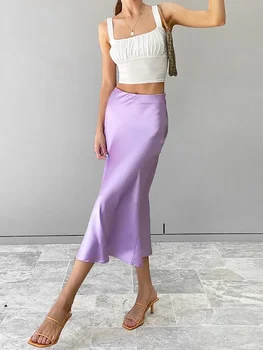 Однотонная фиолетовая атласная шелковая юбка, Женская летняя длинная юбка с высокой талией, Новинка 2023 года, Элегантные женские офисные юбки Миди Весна  5