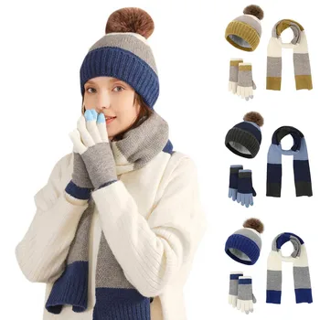 Однотонная шапочка-бини, шарф и перчатки, комплект из трех предметов, женская вязаная шапка, теплые модные шерстяные аксессуары, женский шарф-шляпа, костюм  5