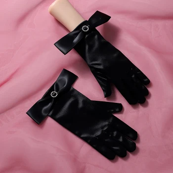 Оригинальные черные атласные перчатки ручной работы с бантом, винтажные свадебные перчатки, свадебное платье, аксессуары для фотосъемки  3