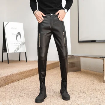Осенне-зимние высококачественные мужские кожаные брюки в стрейчевом стиле, модные кожаные брюки из искусственной кожи, мотоциклетные кожаные брюки  5