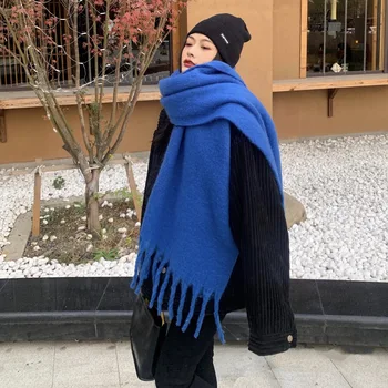 Осенне-зимний однотонный шарф из искусственного кашемира, женский утолщенный теплый шарф с шерстяной бахромой, пара абзацев шейного платка  4