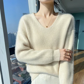 Осенне-зимняя новинка, женский V-образный вырез и рукава на плечах из 100% чистой шерсти, Свободный утолщенный пуловер, свитер, вязаная нижняя рубашка  5