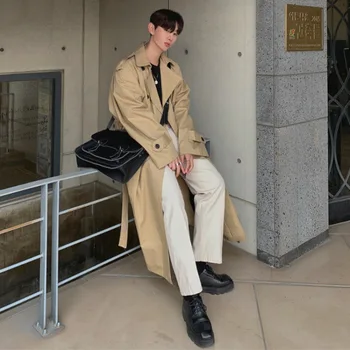 Осенний мужской двубортный тренч до колена, модное Корейское повседневное пальто средней длины  5