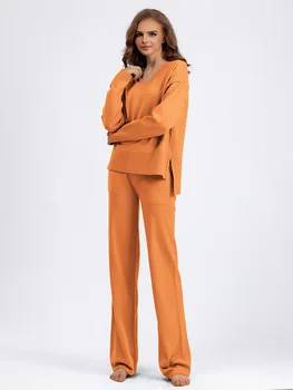 Осенний Свободный комплект повседневных брюк, Пуловеры, свитер И широкие брюки, Вязаная одежда бежево-оранжевого цвета, костюмы  5