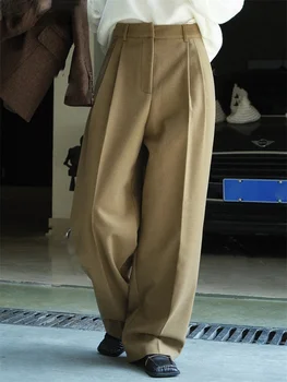 Осень-зима 2023, Простые широкие брюки с двойной складкой и высокой талией, женские Свободные повседневные брюки, женские Белые / коричневые  5