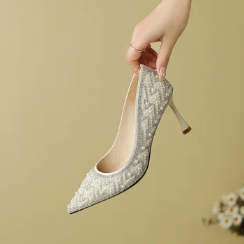 Осенью 2023 года Новые туфли с бриллиантами, туфли с жемчугом, Свадебные туфли на высоком тонком каблуке, тонкие туфли, женская обувь, размер 34-39, обувь для вечеринок  4
