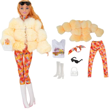 Официальный NK 1 комплект Длинного плюшевого пальто для куклы Барби Одежда Зимние Брюки Шарф Солнцезащитные Очки Обувь Сумка для 1/6 кукольной одежды  5