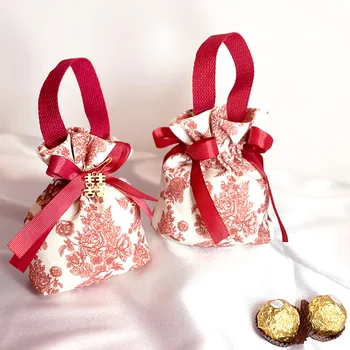 Пакеты для конфет с принтом на шнурке, Переносная сумка-саше, подарочный пакет для ювелирных изделий, Свадебные коробки для конфет с жемчужными нитками, сумки для сувениров, украшения  5