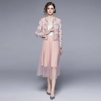 Пальто-кардиган из жемчужной сетки с аппликацией в виде милых цветов + темпераментная юбка-полукомбинезон из сетки, модные комплекты платьев из 2 предметов, женские  0