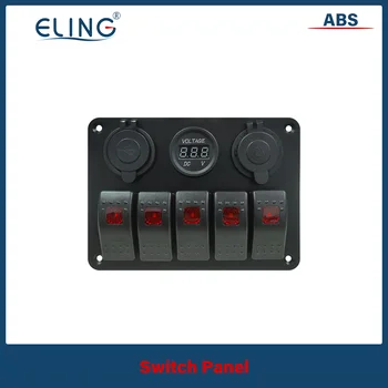 Панель переключателя ELING Truck Boat Car 5 Gang со светодиодным дисплеем напряжения + Зарядное устройство USB 5V 3.1A с прикуривателем Алюминиевая панель  5