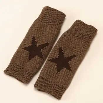Перчатки на флисовой подкладке, вязаные зимние перчатки для набора текста на полпальца со звездным принтом, противоскользящая защита запястий, тепло для студентов  5