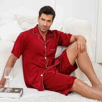 Пижамный комплект с отворотом, мужская Новая пижама на пуговицах, 2 шт., рубашка и брюки, костюм для сна, Летняя мужская атласная пижама с коротким рукавом  4