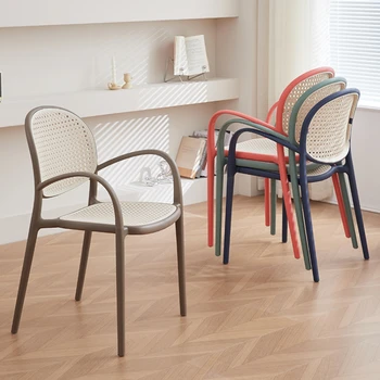 Плетеный из ротанга Пластиковый скандинавский стул, Штабелируемый Дышащий обеденный стол, стул, Прочная несущая Универсальная мебель для сцен  10