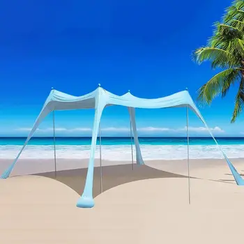 Пляжная палатка, навес для пляжа, солнцезащитный козырек для пляжа, защита от ультрафиолета, устойчивый солнцезащитный козырек UPF50 с 4 опорами для заднего двора на берегу озера  5