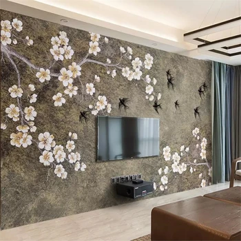 Пользовательские обои 3d фрески Китайский стиль ретро новая китайская слива ласточка ТВ фон обои для гостиной Отель 3d фрески  4