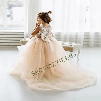 Прекрасное детское кружевное бальное платье, платья для девочек в цветочек, 2023, Тюлевое платье принцессы с бантом сзади, Vestidos Para Niñas, Вечернее платье для свадьбы  4