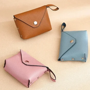 Простое женское кожаное портмоне на пуговицах, маленькое портмоне для банковских карт, мягкая кожаная сумка для ключей, сумка для хранения монет  5