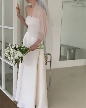Простые платья для свадебной фотосессии из эластичного атласа в Корейском стиле с жемчугом, тюлевые платья-болеро длиной до пола, вечерние платья для вечеринок  10