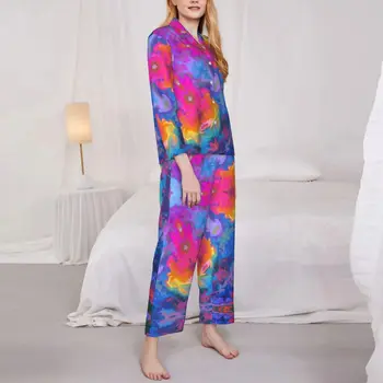 Психоделическая пижама для хиппи, осенний цветок, Розово-желтый, свободный пижамный комплект большого размера, мягкая пижама для спальни с длинным рукавом и принтом  5