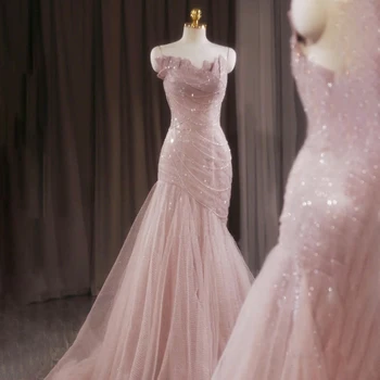 Реальные фотографии Розовое Новое вечернее платье в стиле милочки, сексуальный тюль, тонкий рыбий хвост, вечерние платья на заказ для женщин 2024  3