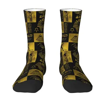 Ретро Египетские золотые носки с иероглифами и символами, коллаж, мужские женские теплые модные египетские носки с иероглифами для экипажа  2