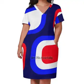 Ретро Красные, белые и синие цветные блоки, свободная юбка с V-образным вырезом и коротким рукавом, Элегантное платье высокого качества, юбка из легкой ткани средней длины  4