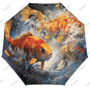 Рисунок тушью рыбы Кои Складной зонт Автоматическое открытие и закрытие дорожного зонта Компактные легкие ветрозащитные зонты  5