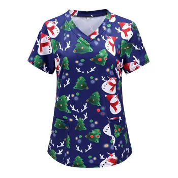 Рождественская рабочая одежда, женские футболки в стиле медсестры, топы с карманами спереди, Повседневная женская одежда с коротким рукавом и V-образным вырезом  3