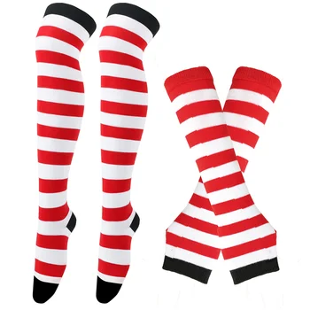 Рождественские полосатые гольфы с рукавами до колена, перчатки с отверстиями для большого пальца, теплые гольфы, длинные носки для косплея, Женские чулки  5