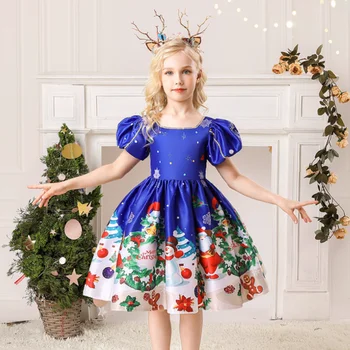 Рождественское платье принцессы для девочек, детские платья в клетку с милым принтом Санта-Клауса и Оленя, детская одежда  4