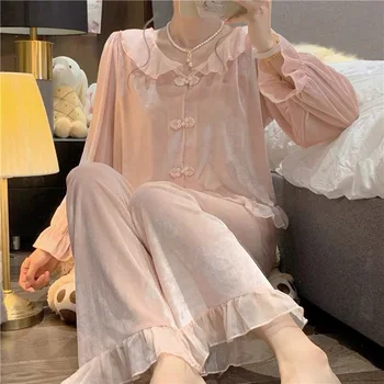Розовая бархатная пижама для женщин, весенне-осенний комплект брюк с длинными рукавами, высококачественная милая домашняя одежда в новом китайском стиле  5