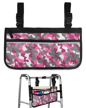 Розовая камуфляжная сумка для инвалидной коляски С карманами Светоотражающими полосками Подлокотники Боковые сумки Прогулочная рама для электрического скутера Сумка для хранения  4