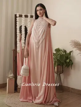 Розовое вечернее платье из Дубая с высоким воротом, Трапециевидное платье без рукавов, расшитое жемчугом, Шифоновое вечернее платье из Саудовской Аравии, расшитое бисером  2