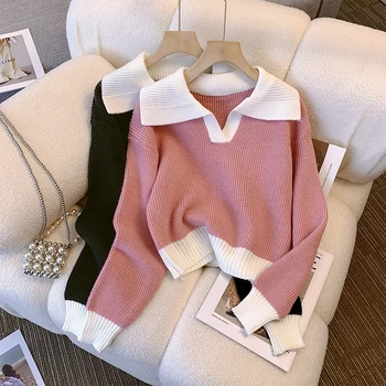 Розовый вязаный свитер с отворотом для женщин, осень-зима, нежный милый короткий пуловер, темпераментные топы с длинными рукавами  4