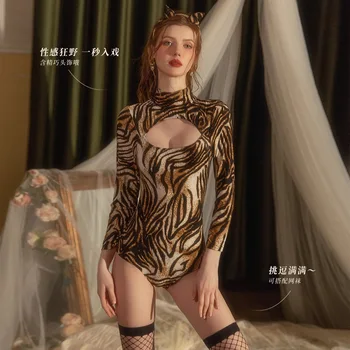 Ролевая игра Wild в ночном клубе, индивидуальная сексуальная пижама с леопардовым принтом, домашний боди размера плюс с котом  5