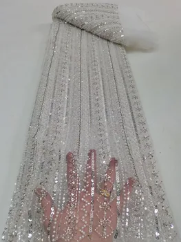 Роскошная Африканская кружевная ткань с блестками, расшитая бисером 2023 года, высококачественная свадебная вышивка жениха в Нигерийском стиле, французская сетка для шитья  5