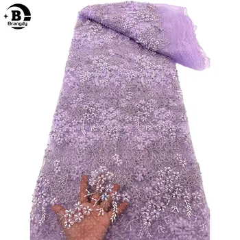 Роскошная высококачественная Африканская вышивка 2023, кружевная ткань для жениха, Нигерийская кружевная ткань с французскими блестками для свадебной вечеринки X7502  5
