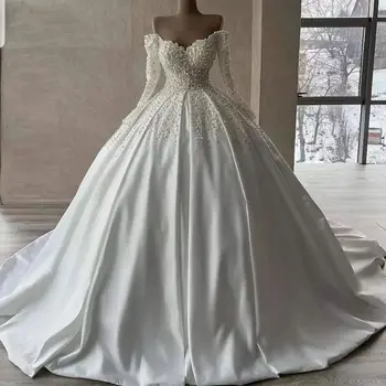 Роскошные свадебные платья с открытыми плечами, расшитые жемчугом и бисером, 2024, Атласные арабские свадебные платья принцессы, Vestidos De Noiva Robe Mariee  3