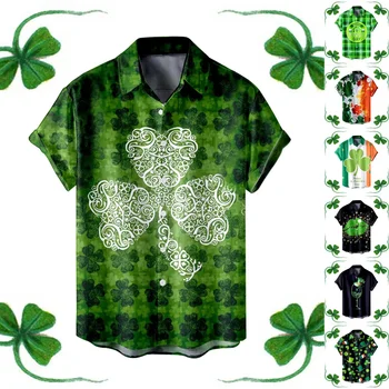 Рубашки в честь Дня Святого Патрика, Рубашка с зеленым рисунком для губ, Мужские блузки Hombre в честь Ирландского национального праздника, Топы с короткими рукавами, майки с отворотом  5