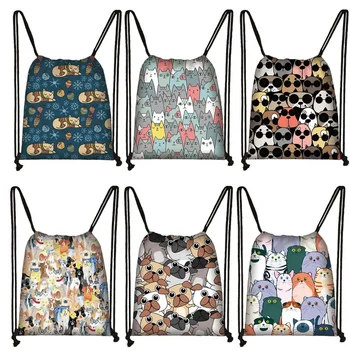 Рюкзак с рисунком собаки и кошки из мультфильма Каваи, женские сумки на шнурке, холщовая сумка через плечо для путешествий, сумки для хранения обуви для девочек  5