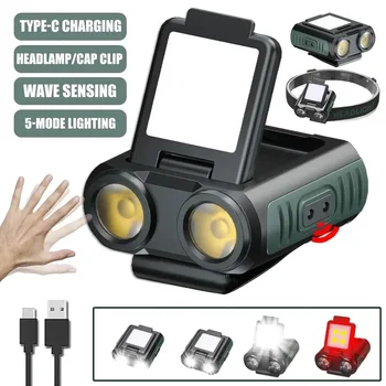 Светодиодная индукционная фара с мини-зажимом для крышки 1200 мАч Встроенный аккумулятор USB Перезаряжаемый головной фонарик для кемпинга, рыбалки, фонаря  1