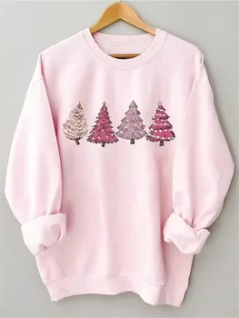 Свободная толстовка с принтом Рождественской елки, повседневный пуловер с круглым вырезом и длинными рукавами, женская одежда  5