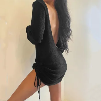 Свободное трикотажное сексуальное платье-свитер с открытой спиной, женские осенние мини-платья с круглым вырезом и длинным рукавом, однотонные мини-платья со шнуровкой, Vestidos  4