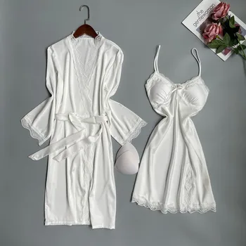 Сексуальная белая женская ночная рубашка на бретельках с V-образным вырезом, кружевной халат, Атласный комплект из 2 предметов, Ночная рубашка, халат в стиле пэчворк и сорочка, пижамы  2