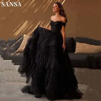 Сексуальное Выпускное платье Sansa С Открытыми плечами, Черное Многослойное Роскошное Бальное платье Из Тюля, Пышные Вечерние Платья  3