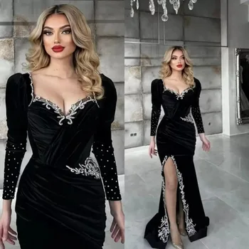 Сексуальное черное бархатное элегантное вечернее платье 
