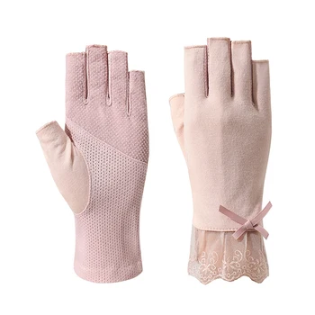 Сексуальные дышащие женские перчатки с бантом и защитой от ультрафиолета, кружевные варежки, Тонкие перчатки в цветочек  5